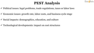 PEST Analysis
 Political issues: legal problems, trade regulations, taxes or labor laws
 Economic issues: growth rate, labor costs, and business cycle stage
 Social impacts: demographics, education, and culture
 Technological developments: impact on cost structures
 