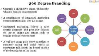 360 Degree Branding
 Creating a distinctive brand philosophy
which is focused on consumers
 A combination of integrated marketing
communications and web 2.0 usages
 Integrated marketing follows a user
centric approach and primarily focuses
on use of online and offline tools to
engage and excite consumers
 A web 2.0 usage pays more attention to
customer rating and social media as
consumers talk about the brand outside
of the boundaries of the brand
 