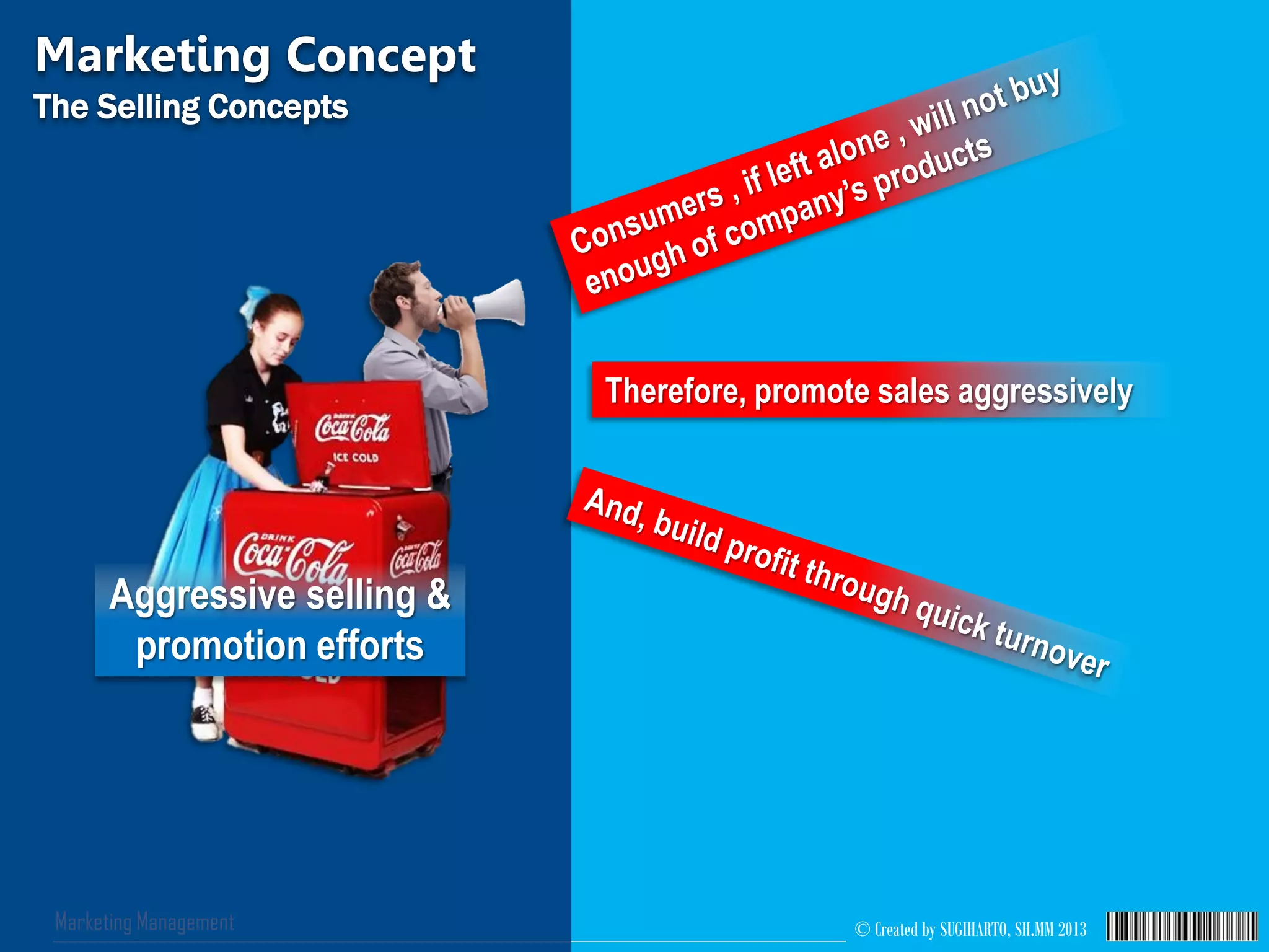 © Created by SUGIHARTO, SH.MM 2013Marketing Management
Aggressive selling &
promotion efforts
Marketing Concept
The Selling Concepts
Therefore, promote sales aggressively
 