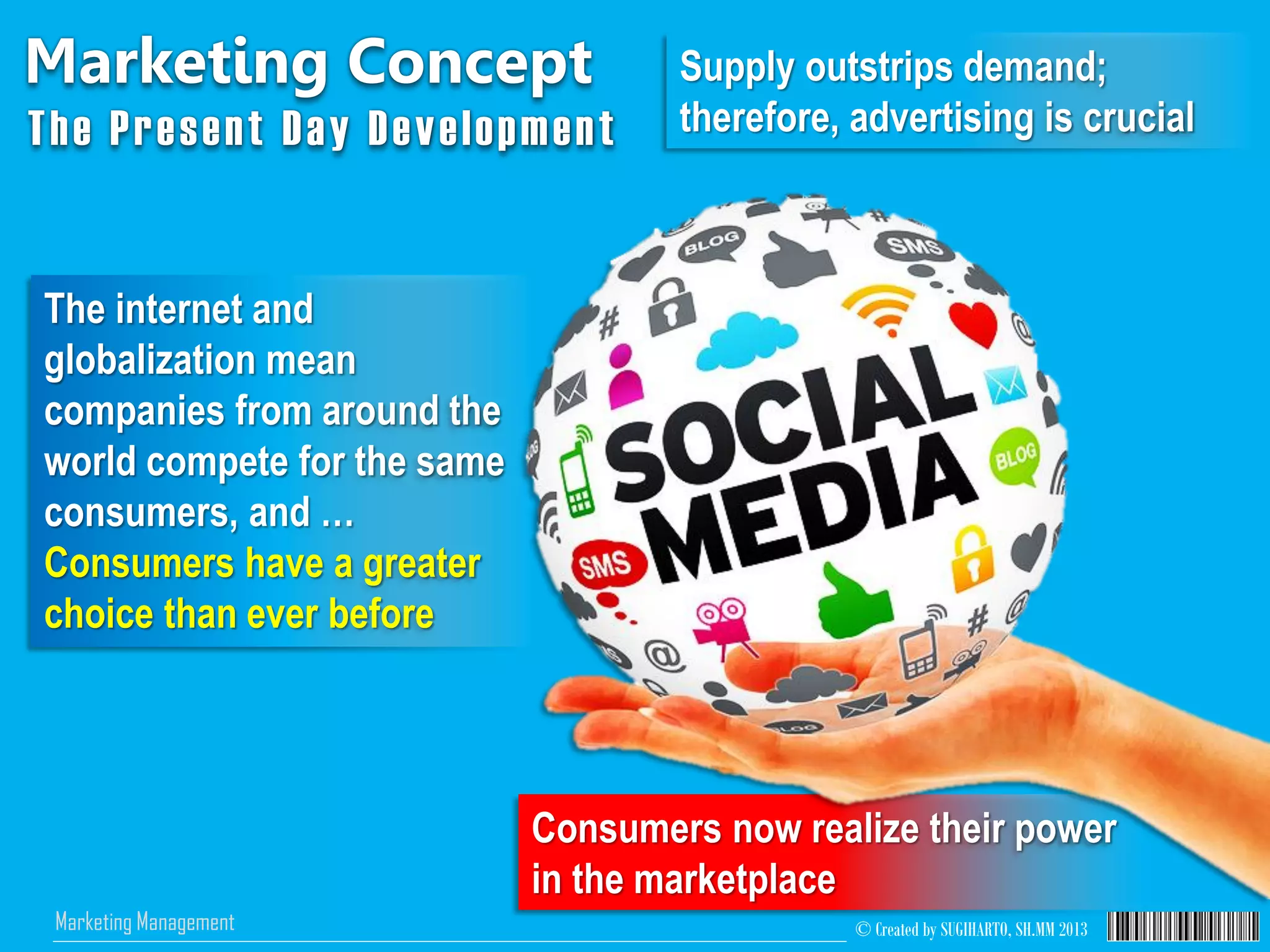 © Created by SUGIHARTO, SH.MM 2013Marketing Management
Consumers now realize their power
in the marketplace
Marketing Concept
The Present Day Development
Supply outstrips demand;
therefore, advertising is crucial
The internet and
globalization mean
companies from around the
world compete for the same
consumers, and …
Consumers have a greater
choice than ever before
 