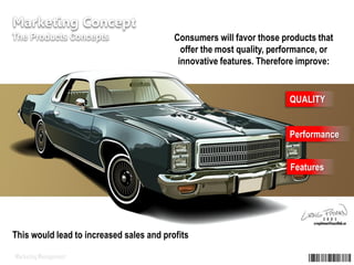 © Created by SUGIHARTO, SH.MM 2013Marketing Management
Consumers will favor those products that
offer the most quality, performance, or
innovative features. Therefore improve:
QUALITY
Performance
Features
Marketing Concept
The Products Concepts
This would lead to increased sales and profits
 