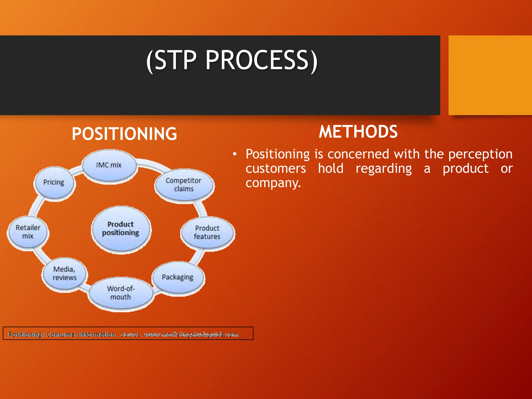 (STP PROCESS)
POSITIONING METHODS
• Positioning is concerned with the perception
customers hold regarding a product or
company.
 