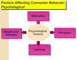 Factors Affecting Consumer Behavior:
Psychological
Psychological
Factors
Motivation
Perception
Learning
Beliefs and
Attitudes
 