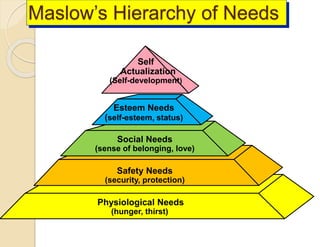 Maslow’s Hierarchy of Needs
Esteem Needs
(self-esteem, status)
Social Needs
(sense of belonging, love)
Safety Needs
(security, protection)
Physiological Needs
(hunger, thirst)
Self
Actualization
(Self-development)
 