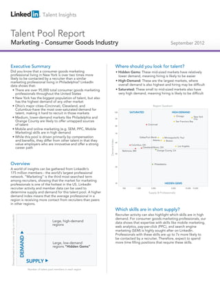 Talent Insights


Talent Pool Report
Technical - Consumer Goods Industry
Marketing Salespeople                                                                                                                                                      September 2012



Executive Summary                                                                                                       Where should you look for talent?
Did you know that a consumer goods marketing                                                                             • Hidden Gems: These mid-sized markets have relatively
professional living in New York is over two times more                                                                     lower demand, meaning hiring is likely to be easier
likely to be contacted by a recruiter than a similar
marketing professional living in Philadelphia? LinkedIn                                                                  • High-Demand: These are the largest markets, where
data shows that:                                                                                                           overall demand is also highest and hiring may be difficult
  • There are over 95,000 total consumer goods marketing                                                                 • Saturated: These small to mid-sized markets also have
    professionals throughout the United States                                                                             very high demand, meaning hiring is likely to be difficult
  • New York has the biggest population of talent, but also
    has the highest demand of any other market
  • Ohio’s major cities–Cincinnati, Cleveland, and                                                                                                        Region Quadrant
    Columbus–have the most over-saturated demand for
    talent, making it hard to recruit in those markets                                                                  100         SATURATED                               HIGH-DEMAND
                                                                                                                                                                                   Chicago
  • Medium, lower-demand markets like Philadelphia and                                                                  90
                                                                                                                                                                                                       New York
                                                                                                                                                                                                       City
    Orange County are likely to offer untapped sources                                                                                                                             San Francisco Bay
    of talent                                                                                                           80
                                                                                                                                                     Cincinnati

  • Mobile and online marketing (e.g. SEM, PPC, Mobile
    Marketing) skills are in high demand                                                                                70

  • While this pool is driven primarily by compensation                                                                                      Dallas/Fort Worth       Minneapolis/St. Paul
    and benefits, they differ from other talent in that they                                                                                              Atlanta
                                                                                                         Demand Index




                                                                                                                                                                      Boston
                                                                                                                        60
    value employers who are innovative and offer a strong                                                                              Columbus, OH
                                                                                                                                                                                Los Angeles
    career path                                                                                                                                  Cleveland/Akron, OH
                                                                                                                              Baltimore, MD                   Orange County, CA
                                                                                                                        50




Overview                                                                                                                                                   Philadelphia
                                                                                                                        40
A world of insights can be gathered from LinkedIn’s
175 million members - the world’s largest professional
network. “Marketing” is the third most searched term
among recruiters, showing that the market for marketing
                                                                                                                        30                                           HIDDEN GEMS
professionals is one of the hottest in the US. LinkedIn
recruiter activity and member data can be used to                                                                             500         1,000         2,000              5,000             10,000   15,000

determine supply and demand for this talent pool. A higher                                                                                            Supply (# Professionals)
demand index means that the average professional in a
region is receiving more contact from recruiters than peers
in other regions.
                                                                                                                        Which skills are in short supply?
                                                                                                                        Recruiter activity can also highlight which skills are in high
Demand based on recruiter activity on LinkedIn




                                                                                                                        demand. For consumer goods marketing professionals, our
                                                                              Large, high-demand                        data shows that expertise with skills like mobile marketing,
                                                                              regions
                                                                                                                        web analytics, pay-per-click (PPC), and search engine
                                                                                                                        marketing (SEM) is highly sought after on LinkedIn.
                                                                                                                        Professionals with these skills are up to 7x more likely to
                                                 DEMAND




                                                                                                                        be contacted by a recruiter. Therefore, expect to spend
                                                                              Large, low-demand                         more time filling positions that require these skills.
                                                                              regions “Hidden Gems”



                                                          SUPPLY
                                                          Number of talent pool members in each region
 