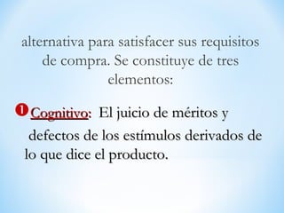 alternativa para satisfacer sus requisitos
de compra. Se constituye de tres
elementos:
CognitivoCognitivo:: El juicio de méritos yEl juicio de méritos y
defectos de los estímulos derivados dedefectos de los estímulos derivados de
lo que dice el producto.lo que dice el producto.
 