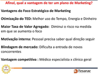 Afinal, qual a vantagem de ter um plano de Marketing?

Vantagens do Foco Estratégico de Marketing

Otimização do TED: Melhor uso do Tempo, Energia e Dinheiro

Maior Taxa de Valor Agregado: Diminui o risco na medida
em que se aumenta o foco

Motivação interna: Pessoal precisa saber qual direção seguir

Blindagem de mercado: Dificulta a entrada de novos
concorrentes

Vantagem competitiva : Médico especialista x clínico geral
 