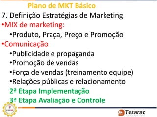 Plano de MKT Básico
7. Definição Estratégias de Marketing
•MIX de marketing:
   •Produto, Praça, Preço e Promoção
•Comunicação
   •Publicidade e propaganda
   •Promoção de vendas
   •Força de vendas (treinamento equipe)
   •Relações públicas e relacionamento
   2ª Etapa Implementação
   3ª Etapa Avaliação e Controle
 