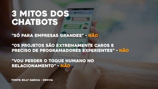 3 mitos dos
chatbots
fonte: billy garcia - zenvia
"só para empresas grandes” - não
“OS PROJETOS SÃO EXTREMAMENTE CAROS E
PRECISO DE PROGRAMADORES EXPERIENTES” - Não
"vou perder o toque humano no
relacionamento” - não
 
