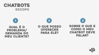 CHATBOTS
escopo
Qual é o
problema/
demanda do
meu cliente?
Sobre o que e
como o meu
chatbot deve
falar?
O que posso
oferecer
para ele?
1 2 3
 