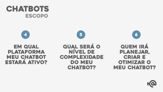 Em qual
plataforma
meu chatbot
estará ativo?
Qual será o
nível de
complexidade
do meu
chatbot?
Quem irá
planejar,
criar e
otimizar o
meu chatbot?
4 5 6
CHATBOTS
escopo
 