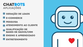 CHATBOTS
Geração de Leads
E-commerce
Pesquisa
Atendimento ao Cliente
Qualificação de
Bases de Dados/CRM
Ensino e Aprendizado
Entretenimento
Aplicações
 