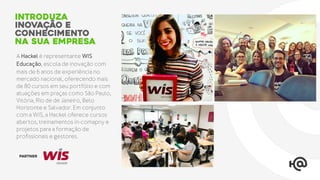 A Hackel é representante WIS
Educação, escola de inovação com
mais de 6 anos de experiência no
mercado nacional, oferecendo mais
de 80 cursos em seu portfólio e com
atuações em praças como São Paulo,
Vitória, Rio de de Janeiro, Belo
Horizonte e Salvador. Em conjunto
com a WIS, a Hackel oferece cursos
abertos, treinamentos in-comapny e
projetos para a formação de
profissionais e gestores.
introduza
inovação e
conhecimento
na sua empresa
partner
 