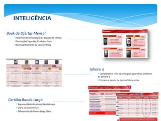 INTELIGÊNCIA

Book de Ofertas Mensal
     Material de consulta para a equipe de vendas
    Promoções Vigentes, Produtos Foco
    Acompanhamento da Concorrência




                                                     Iphone 4
                                                          Comparativo com os principais aparelhos similares
                                                         ao Iphone 4
                                                          Fomentar venda de outros fabricantes




Cartilha Banda Larga
      Argumentário de planos Banda Larga
      Claro x Concorrência
      Diferenciais de Banda Larga Claro
 