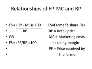 Relationships of FP, MC and RP
• FS = (RP - MC)x 100 FS=Farmer’s share (%)
• RP RP = Retail price
• OR MC = Marketing costs
• FS = (PF/RP)x100 including margin
• PF = Price received by
• the farmer
 