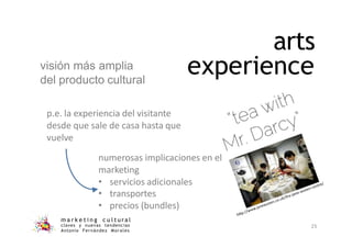 arts
experience
p.e. la experiencia del visitante
desde que sale de casa hasta que
vuelve
numerosas implicaciones en el
marketing
• servicios adicionales
• transportes
• precios (bundles)
visión más amplia
del producto cultural
m a r k e t i n g c u l t u r a l
claves y nuevas tendencias
Antonio Fernández Morales
25
 