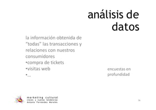análisis de
datos
m a r k e t i n g c u l t u r a l
claves y nuevas tendencias
Antonio Fernández Morales
36
la información obtenida de
“todas” las transacciones y
relaciones con nuestros
consumidores
•compra de tickets
•visitas web
•…
encuestas en
profundidad
 