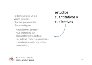 Podemos elegir uno o
varios públicos
objetivo para nuestro
plan estratégico
Necesitamos conocer
•sus preferencias y
comportamiento cultural
•su actitud respecto a nosotros
•características demográficas,
económicas, …
estudios
cuantitativos y
cualitativos
m a r k e t i n g c u l t u r a l
claves y nuevas tendencias
Antonio Fernández Morales
38
 