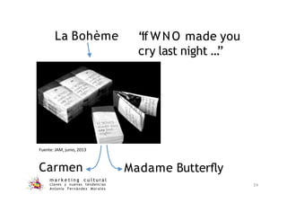 “
ifWNO made you
cry last night …
.
”
Fuente: JAM, junio, 2013
La Bohème
Carmen Madame Butterﬂy
m a r k e t i n g c u l t u r a l
claves y nuevas tendencias
Antonio Fernández Morales
59
 