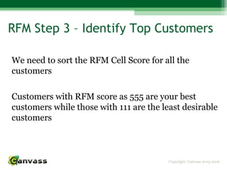 Copyright: Canvass 2013-2016
RFM Step 3 – Identify Top Customers
We need to sort the RFM Cell Score for all the
customers
Customers with RFM score as 555 are your best
customers while those with 111 are the least desirable
customers
 