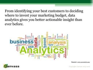 Copyright: Canvass 2013-2016
From identifying your best customers to deciding
where to invest your marketing budget, data
analytics gives you better actionable insight than
ever before.
Source: www.novotech.com
 