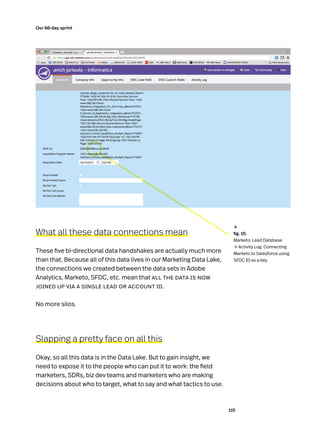 115
Our 60-day sprint
What all these data connections mean
These five bi-directional data handshakes are actually much more
than that. Because all of this data lives in our Marketing Data Lake,
the connections we created between the data sets in Adobe
Analytics, Marketo, SFDC, etc. mean that all the data is now
joined up via a single lead or account id.
No more silos.
Slapping a pretty face on all this
Okay, so all this data is in the Data Lake. But to gain insight, we
need to expose it to the people who can put it to work: the field
marketers, SDRs, biz dev teams and marketers who are making
decisions about who to target, what to say and what tactics to use.
Connecting Marketo to
Salesforce using SFDC ID
as a key
	 fig. 15:
Marketo: Lead Database
→ Activity Log. Connecting
Marketo to Salesforce using
SFDC ID as a key.
↓
 