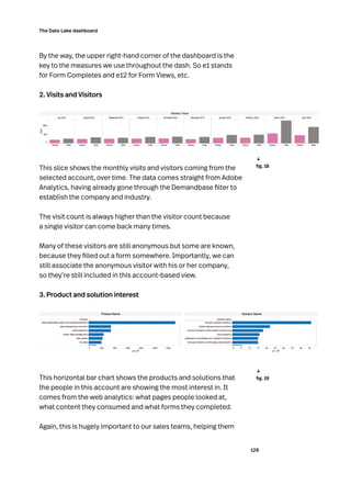 129
The Data Lake dashboard
By the way, the upper right-hand corner of the dashboard is the
key to the measures we use throughout the dash. So e1 stands
for Form Completes and e12 for Form Views, etc.
2. Visits and Visitors
This slice shows the monthly visits and visitors coming from the
selected account, over time. The data comes straight from Adobe
Analytics, having already gone through the Demandbase filter to
establish the company and industry.
The visit count is always higher than the visitor count because
a single visitor can come back many times.
Many of these visitors are still anonymous but some are known,
because they filled out a form somewhere. Importantly, we can
still associate the anonymous visitor with his or her company,
so they’re still included in this account-based view.
3. Product and solution interest
This horizontal bar chart shows the products and solutions that
the people in this account are showing the most interest in. It
comes from the web analytics: what pages people looked at,
what content they consumed and what forms they completed.
Again, this is hugely important to our sales teams, helping them
	 fig. 18
↓
	 fig. 19
↓
 