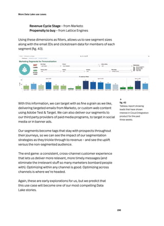 190
More Data Lake use cases
Revenue Cycle Stage – from Marketo
Propensity to buy – from Lattice Engines
Using these dimensions as filters, allows us to see segment sizes
along with the email IDs and clickstream data for members of each
segment (fig. 43).
With this information, we can target with as fine a grain as we like,
delivering targeted emails from Marketo, or custom web content
using Adobe Test  Target. We can also deliver our segments to
our third party providers of paid media programs, to target in social
media or in banner ads.
Our segments become tags that stay with prospects throughout
their journeys, so we can see the impact of our segmentation
strategies as they trickle through to revenue – and see the uplift
versus the non-segmented audience.
The end game: a consistent, cross-channel customer experience
that lets us deliver more relevant, more timely messages (and
eliminate the irrelevant stuff so many marketers bombard people
with). Optimizing within any channel is good. Optimizing across
channels is where we’re headed.
Again, these are early explorations for us, but we predict that
this use case will become one of our most compelling Data
Lake stories.
	 fig. 43
Tableau report showing
leads that have shown
interest in Cloud Integration
product for the past
three weeks.
↓
 
