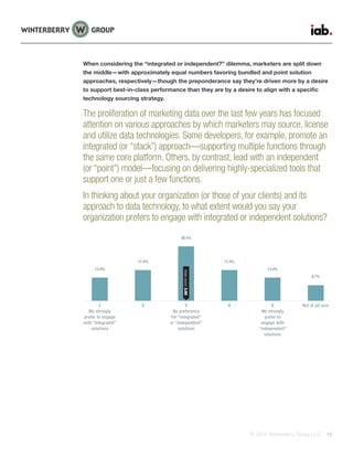 © 2015 Winterberry Group LLC. 18
When considering the “integrated or independent?” dilemma, marketers are split down
the middle—with approximately equal numbers favoring bundled and point solution
approaches, respectively—though the preponderance say they’re driven more by a desire
to support best-in-class performance than they are by a desire to align with a specific
technology sourcing strategy.
The proliferation of marketing data over the last few years has focused
attention on various approaches by which marketers may source, license
and utilize data technologies. Some developers, for example, promote an
integrated (or “stack”) approach—supporting multiple functions through
the same core platform. Others, by contrast, lead with an independent
(or “point”) model—focusing on delivering highly-specialized tools that
support one or just a few functions.
In thinking about your organization (or those of your clients) and its
approach to data technology, to what extent would you say your
organization prefers to engage with integrated or independent solutions?
13.0%
1
We strongly
prefer to engage
with “integrated”
solutions
2
17.4%
5
We strongly
prefer to
engage with
“independent”
solutions
13.0%
4
17.4%
Not at all sure
8.7%
3
No preference
for “integrated”
or “independent”
solutions
30.4%
Indexscore:3.00
 