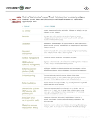 © 2015 Winterberry Group LLC. 7
DATA
TECHNOLOGY:
A LEXICON
What is a “data technology,” anyway? Though the tools continue to evolve at a rapid pace,
marketers typically source and deploy platforms with one—or several—of the following
applications in mind:
 TOOLSET  WHAT IT DOES
Ad serving Governs online ad inventory and deployment, managing the delivery of the right
creative to the right audience
Analytics Leverages data to drive a better understanding of customer behavior
and supports segmentation of those customer audiences into actionable
populations for targeted messaging
Attribution Assesses and assigns a value to an individual action (or “event”) that supports a
desired outcome; commonly associated with the measurement and optimization
of a given media mix
Campaign
management
Enables marketers to plan, schedule and deploy marketing messages, typically
across multiple channels and/or customer segments
Content management Enables the creation, modification and publishing of content
CRM/customer
database management
Organizes customer records such that audiences can be segmented and stored
for various analytics and targeted marketing purposes
Data management
platform (DMP)
Aggregates, integrates and prepares disparate data—including first-, second-
and third-party data from various channels and environments—for deployment
Data onboarding Connects traditional, structured customer datasets to their digital
counterparts—primarily by matching anonymized customer records to online
devices and distributing audience segments to multiple destinations
Data visualization Presents datasets in visually compelling ways, revealing trends and insights that
might be difficult to discern otherwise
Demand-side platform
(DSP)/supply-side
platform (SSP)
Respectively supports the efforts of advertisers (on the demand side) and
publishers (on the supply side) to manage digital media buying and selling
based upon fluid availability, demand and data (as a proxy for “audience”),
in line with pre-established business rules
Email/ESP (email
service provider tools)
Enables the creation and deployment of email marketing messages to
targeted customer lists; commonly supports campaign measurement and
reporting, as well
Marketing resource
management (MRM)
Enables the creation, collection and distribution of marketing collateral (images,
messages, offers, etc.) to support the deployment of standardized campaigns
 