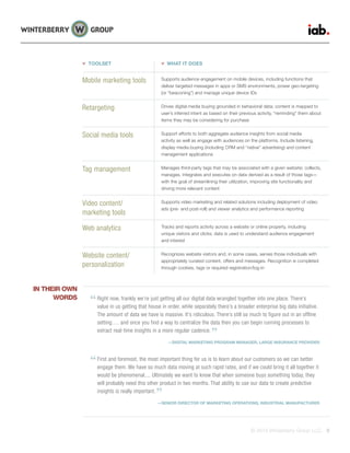 © 2015 Winterberry Group LLC. 8
 TOOLSET  WHAT IT DOES
Mobile marketing tools Supports audience engagement on mobile devices, including functions that
deliver targeted messages in apps or SMS environments, power geo-targeting
(or “beaconing”) and manage unique device IDs
Retargeting Drives digital media buying grounded in behavioral data; content is mapped to
user’s inferred intent as based on their previous activity, “reminding” them about
items they may be considering for purchase
Social media tools Support efforts to both aggregate audience insights from social media
activity as well as engage with audiences on the platforms. Include listening,
display media buying (including CRM and “native” advertising) and content
management applications
Tag management Manages third-party tags that may be associated with a given website; collects,
manages, integrates and executes on data derived as a result of those tags—
with the goal of streamlining their utilization, improving site functionality and
driving more relevant content
Video content/
marketing tools
Supports video marketing and related solutions including deployment of video
ads (pre- and post-roll) and viewer analytics and performance reporting
Web analytics Tracks and reports activity across a website or online property, including
unique visitors and clicks; data is used to understand audience engagement
and interest
Website content/
personalization
Recognizes website visitors and, in some cases, serves those individuals with
appropriately curated content, offers and messages. Recognition is completed
through cookies, tags or required registration/log-in
Right now, frankly we’re just getting all our digital data wrangled together into one place. There’s
value in us getting that house in order, while separately there’s a broader enterprise big data initiative.
The amount of data we have is massive. It’s ridiculous. There’s still so much to figure out in an offline
setting…. and once you find a way to centralize the data then you can begin running processes to
extract real-time insights in a more regular cadence.
—DIGITAL MARKETING PROGRAM MANAGER, LARGE INSURANCE PROVIDER
First and foremost, the most important thing for us is to learn about our customers so we can better
engage them. We have so much data moving at such rapid rates, and if we could bring it all together it
would be phenomenal.... Ultimately we want to know that when someone buys something today, they
will probably need this other product in two months. That ability to use our data to create predictive
insights is really important.
—SENIOR DIRECTOR OF MARKETING OPERATIONS, INDUSTRIAL MANUFACTURER
IN THEIR OWN
WORDS
 