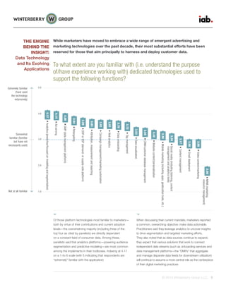 © 2015 Winterberry Group LLC. 9
THE ENGINE
BEHIND THE
INSIGHT:
Data Technology
and Its Evolving
Applications
Of those platform technologies most familiar to marketers—
both by virtue of their contributions and current adoption
levels—the overwhelming majority (including three of the
top four as cited by panelists) are directly dependent
on a constant feed of consumer data. Among these,
panelists said that analytics platforms—powering audience
segmentation and predictive modeling—are most common
among the implements in their toolboxes, indexing at 4.17
on a 1-to-5 scale (with 5 indicating that respondents are
“extremely” familiar with the application)
When discussing their current mandate, marketers reported
a common, overarching objective: make data actionable.
Practitioners said they leverage analytics to uncover insights
to drive segmentation and targeted marketing efforts.
They also noted that as data sources continue to expand,
they expect that various solutions that work to connect
independent data streams (such as onboarding services and
data management platforms—the “DMPs” that aggregate
and manage disparate data feeds for downstream utilization)
will continue to assume a more central role as the centerpiece
of their digital marketing practices
4.0
3.0
2.0
1.0
5.0
Not at all familiar
Extremely familiar
(have used
the technology
extensively)
Somewhat
familiar (familiar
but have not
necessarily used)
4.17Analytics(predictive/focusedonmodelingandsegmentation)
4.14Adserving
4.06DMP(datamanagementplatform)
3.94Retargeting
3.89DSPorSSP(demand-orsupply-sideplatform)
3.83Attribution,measurementandreporting
3.81Campaignmanagement/marketingautomation
3.81Webanalytics
3.78Dataonboarding
3.72Tagmanagement
3.53Datavisualization
3.50CRM/customerdatabasemanagement
3.42Websitecontent/personalization
3.36Mobilemarketing(includingapps,geolocationtools,etc.)
3.28Socialmedia(includinglistening,content
managementandanalyticstools)
3.17Contentmanagement
3.06Emaildeployment
3.06Videocontent/marketing
2.00MRM(marketing
resourcemanagement)
While marketers have moved to embrace a wide range of emergent advertising and
marketing technologies over the past decade, their most substantial efforts have been
reserved for those that aim principally to harness and deploy customer data.
To what extent are you familiar with (i.e. understand the purpose
of/have experience working with) dedicated technologies used to
support the following functions?
 