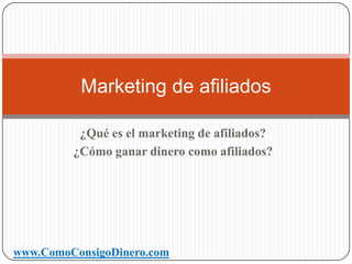 Marketing de afiliados

          ¿Qué es el marketing de afiliados?
         ¿Cómo ganar dinero como afiliados?




www.ComoConsigoDinero.com
 