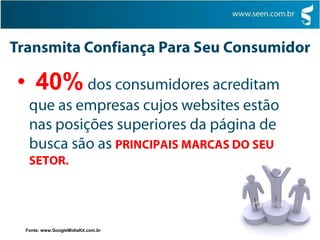 Transmita Confiança Para Seu Consumidor 40%dos consumidores acreditam que as empresas cujos websites estão nas posições superiores da página de busca são asPRINCIPAIS MARCAS DO SEU SETOR.Fonte: www.GoogleMidiaKit.com.br