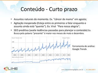 Conteúdo - Curto prazo
• Assuntos naturais do momento. Ex. “câncer de mama” em agosto;
• Agitação inesperada (Esteja entre os primeiros a falar enquanto o
  assunto ainda está “quente”). Ex. Viral “Para nossa alegria”;
• SEO preditiva (avalie tedências passadas para planejar o conteúdo) Ex.
  Busca pela palavra “presente” é maior nos meses de maio e dezembro.




                                                         Ferramenta de análise:
                                                         Google Trends
 