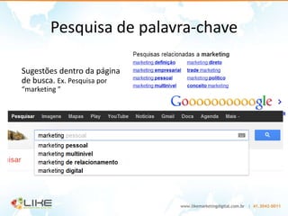Pesquisa de palavra-chave

Sugestões dentro da página
de busca. Ex. Pesquisa por
“marketing ”
 