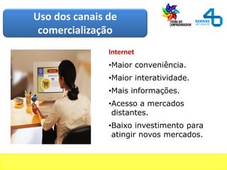 Internet
•Maior conveniência.
•Maior interatividade.
•Mais informações.
•Acesso a mercados
distantes.
•Baixo investimento para
atingir novos mercados.
Uso dos canais de
comercialização
 