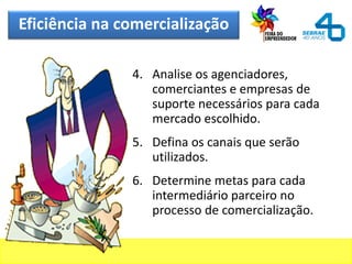 Eficiência na comercialização
4. Analise os agenciadores,
comerciantes e empresas de
suporte necessários para cada
mercado escolhido.
5. Defina os canais que serão
utilizados.
6. Determine metas para cada
intermediário parceiro no
processo de comercialização.
 