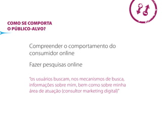 COMO SE COMPORTA
O PÚBLICO-ALVO?


       Compreender o comportamento do
       consumidor online
       Fazer pesquisas online

       “os usuários buscam, nos mecanismos de busca,
       informações sobre mim, bem como sobre minha
       área de atuação (consultor marketing digital)”
 
