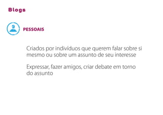 Blogs



    PESSOAIS



        Criados por indivíduos que querem falar sobre si
        mesmo ou sobre um assunto de seu interesse

        Expressar, fazer amigos, criar debate em torno
        do assunto
 