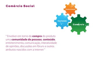 Comércio Social
                                                     Comunidade




                                              Conteúdo

                                                            Comércio




“ Envolver em torno da compra do produto
uma comunidade de pessoas, conteúdo,
entretenimento, comunicação, interatividade
de opiniões, discussões em fóruns e outros
atributos nascidos com a internet ”
 