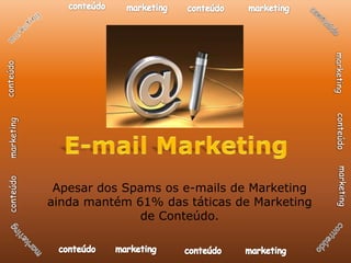 Apesar dos Spams os e-mails de Marketing
ainda mantém 61% das táticas de Marketing
              de Conteúdo.
 