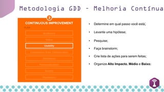Metodologia GDD – Melhoria Contínua
• Determine em qual passo você está;
• Levante uma hipótese;
• Pesquise;
• Faça brainstorm;
• Crie lista de ações para serem feitas;
• Organize Alto Impacto, Médio e Baixo;
 