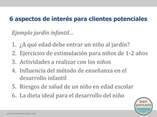 6 aspectos de interés para clientes potenciales

Ejemplo	
  jardín	
  infantil…	
  
	
  

1. 
2. 
3. 
4. 

¿A	
  qué	
  edad	
  debe	
  entrar	
  un	
  niño	
  al	
  jardín?	
  
Ejercicios	
  de	
  estimulación	
  para	
  niños	
  de	
  1-­‐2	
  años	
  
Actividades	
  a	
  realizar	
  con	
  los	
  niños	
  
In<luencia	
  del	
  método	
  de	
  enseñanza	
  en	
  el	
  
desarrollo	
  infantil	
  
5.  Riesgos	
  de	
  salud	
  de	
  un	
  niño	
  en	
  edad	
  escolar	
  
6.  La	
  dieta	
  ideal	
  para	
  el	
  desarrollo	
  del	
  niño	
  
www.bienpensado.com	
  

 