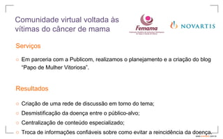 Comunidade virtual voltada às
vítimas do câncer de mama

Serviços

○ Em parceria com a Publicom, realizamos o planejamento e a criação do blog
  “Papo de Mulher Vitoriosa”.


Resultados

○ Criação de uma rede de discussão em torno do tema;
○ Desmistificação da doença entre o público-alvo;
○ Centralização de conteúdo especializado;
○ Troca de informações confiáveis sobre como evitar a reincidência da doença.
                                                                      www.avantare.com.br
 