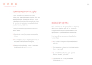 30
COMPARTILHE ESTE EBOOK!
CONSIDERAÇÃO DA SOLUÇÃO:
Como ele está procurando soluções,
conteúdos que apresentem opções para ele,
entre elas o seu produto ou serviço. Uma
maneira de fazer isso é um estudo de caso
de um cliente que usou sua solução para
resolver o seu problema.
Exemplos de temas a serem trabalhados
nessa etapa:
## Estudo de caso: Como a empresa X fez
_____
## X cuidados que sua empresa deve ter ao
escolher a ferramenta ideal para _____
## Relatório da indústria: como o mercado
está investindo em _________
DECISÃO DA COMPRA
Para convencê-lo de optar pela sua empresa,
ofertas de um teste gratuito ou materiais
comparativos com outras ferramentas são
opções para apresentar seus diferenciais.
Exemplos de temas a serem trabalhados
nessa etapa:
## Por que essa empresa é a minha melhor
opção?
## Comparativo: a diferença entre a empresa
A e a empresa B
## 15 benefícios exclusivos que apenas
nossos clientes possuem
## Demonstração: como funciona a
ferramenta _____
 