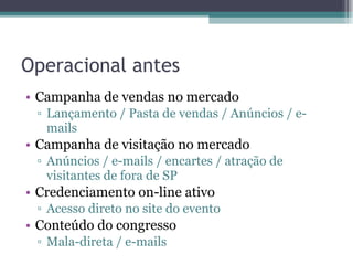 Operacional antes Campanha de vendas no mercado Lançamento / Pasta de vendas / Anúncios / e-mails Campanha de visitação no mercado Anúncios / e-mails / encartes / atração de visitantes de fora de SP Credenciamento on-line ativo Acesso direto no site do evento Conteúdo do congresso  Mala-direta / e-mails 