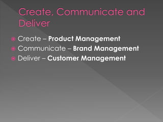  Create – Product Management 
 Communicate – Brand Management 
 Deliver – Customer Management 
 