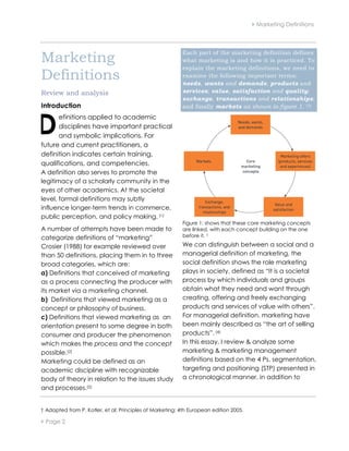  Marketing Definitions




Marketing
                                                          Each part of the marketing definition defines
                                                          what marketing is and how it is practiced. To
                                                          explain the marketing definitions, we need to
Definitions                                               examine the following important terms:
                                                          needs, wants and demands; products and
Review and analysis                                       services; value, satisfaction and quality;
                                                          exchange, transactions and relationships;
Introduction                                              and finally markets as shown in figure 1. (3)



D
       efinitions applied to academic
       disciplines have important practical
       and symbolic implications. For
future and current practitioners, a
definition indicates certain training,
qualifications, and competencies.
A definition also serves to promote the
legitimacy of a scholarly community in the
eyes of other academics. At the societal
level, formal definitions may subtly
influence longer-term trends in commerce,
public perception, and policy making. (1)
                                                          Figure 1: shows that these core marketing concepts
A number of attempts have been made to                    are linked, with each concept building on the one
categorize definitions of “marketing”                     before it. †

Crosier (1988) for example reviewed over                  We can distinguish between a social and a
than 50 definitions, placing them in to three             managerial definition of marketing, the
broad categories, which are:                              social definition shows the role marketing
a) Definitions that conceived of marketing                plays in society, defined as “It is a societal
as a process connecting the producer with                 process by which individuals and groups
its market via a marketing channel.                       obtain what they need and want through
b) Definitions that viewed marketing as a                 creating, offering and freely exchanging
concept or philosophy of business.                        products and services of value with others”.
c) Definitions that viewed marketing as an                For managerial definition, marketing have
orientation present to some degree in both                been mainly described as “the art of selling
consumer and producer the phenomenon                      products”. (4)
which makes the process and the concept                   In this essay, I review & analyze some
possible.(2)                                              marketing & marketing management
Marketing could be defined as an                          definitions based on the 4 Ps, segmentation,
academic discipline with recognizable                     targeting and positioning (STP) presented in
body of theory in relation to the issues study            a chronological manner, in addition to
and processes.(2)


† Adapted from P. Kotler, et al; Principles of Marketing; 4th European edition 2005.

 Page 2
 
