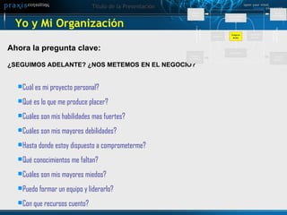 Yo y Mi Organización Ahora la pregunta clave: ¿SEGUIMOS ADELANTE? ¿NOS METEMOS EN EL NEGOCIO? Cuál es mi proyecto personal? Qué es lo que me produce placer? Cuáles son mis habilidades mas fuertes? Cuáles son mis mayores debilidades? Hasta donde estoy dispuesto a comprometerme?  Qué conocimientos me faltan? Cuáles son mis mayores miedos? Puedo formar un equipo y liderarlo? Con que recursos cuento?  